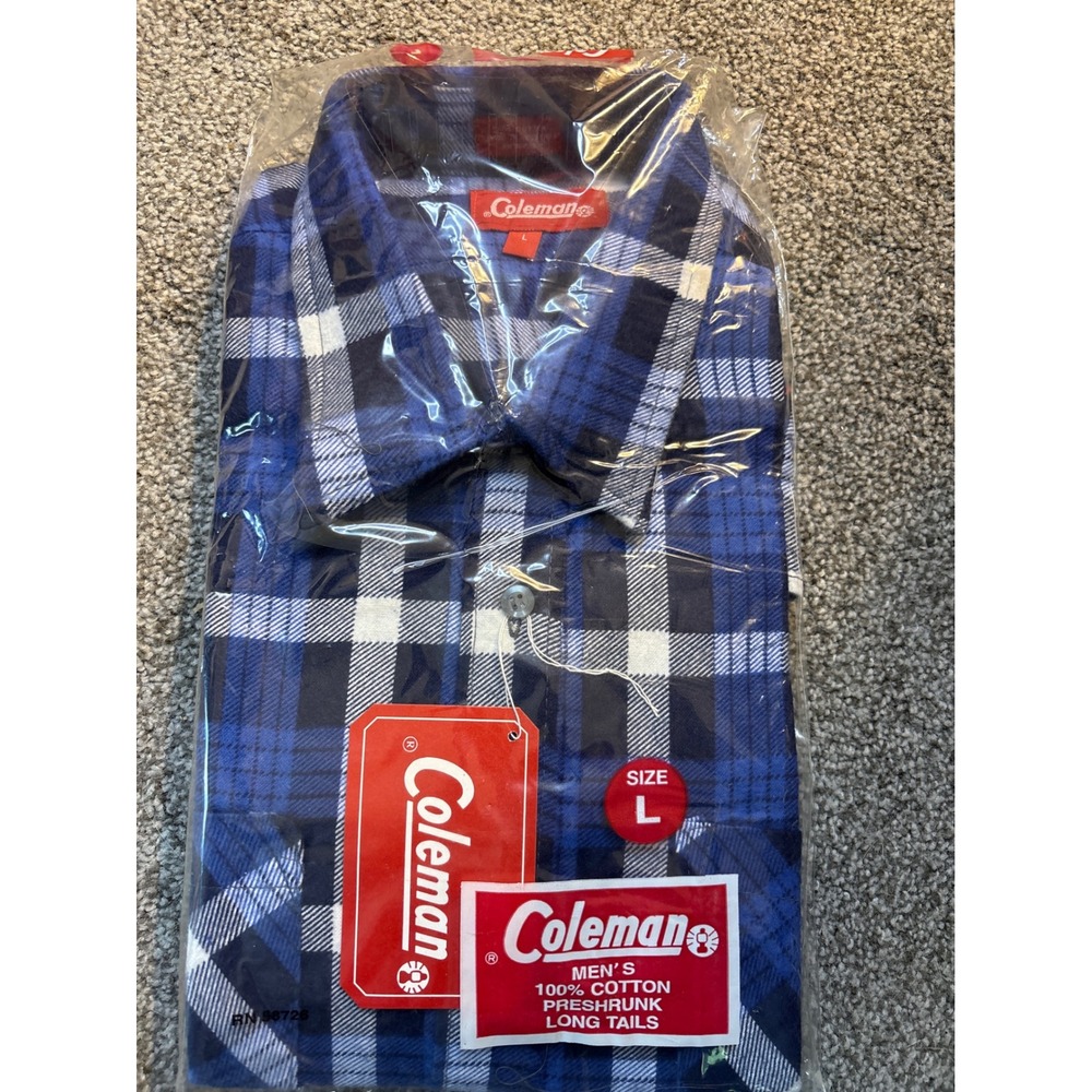 Vintage Coleman Men's L Blue Plaid 100% Cotton Preshrunk Long Tail Flannel Shirt